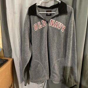 Vintage Old Navy Gray Full-Zip Fleece Jacket with Black Collar and Red Logo